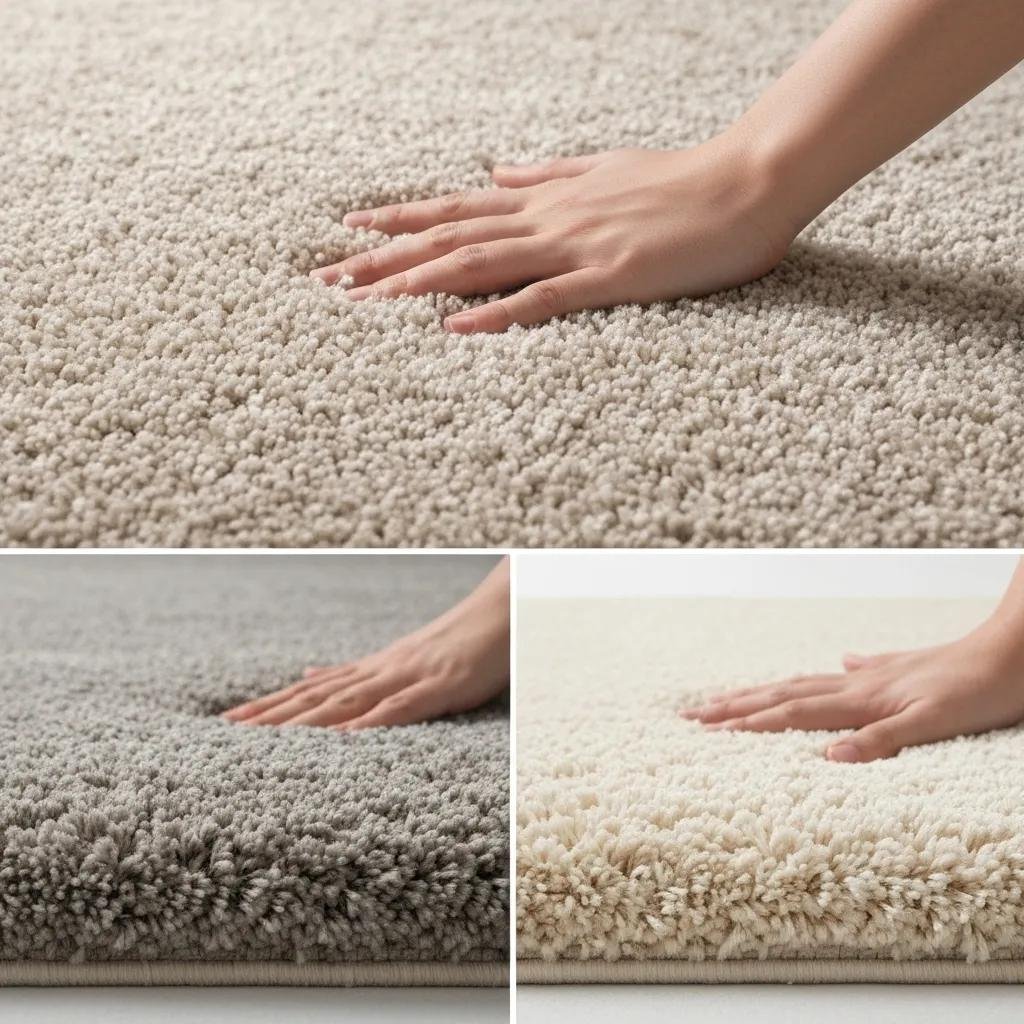 Close-up of various carpet pile types including plush, Saxony, and high-pile