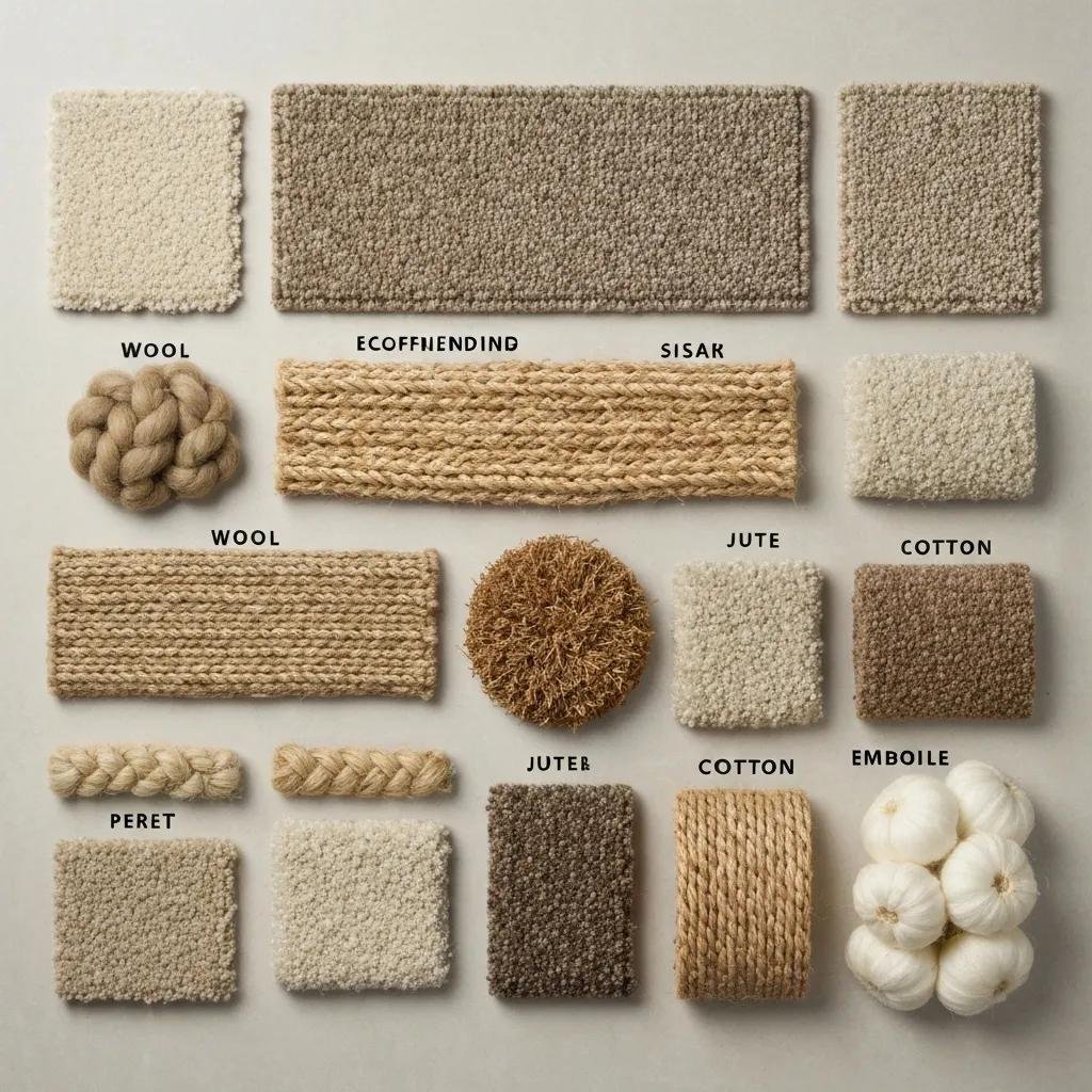 Flat lay of natural carpet fibers including wool, sisal, jute, and cotton